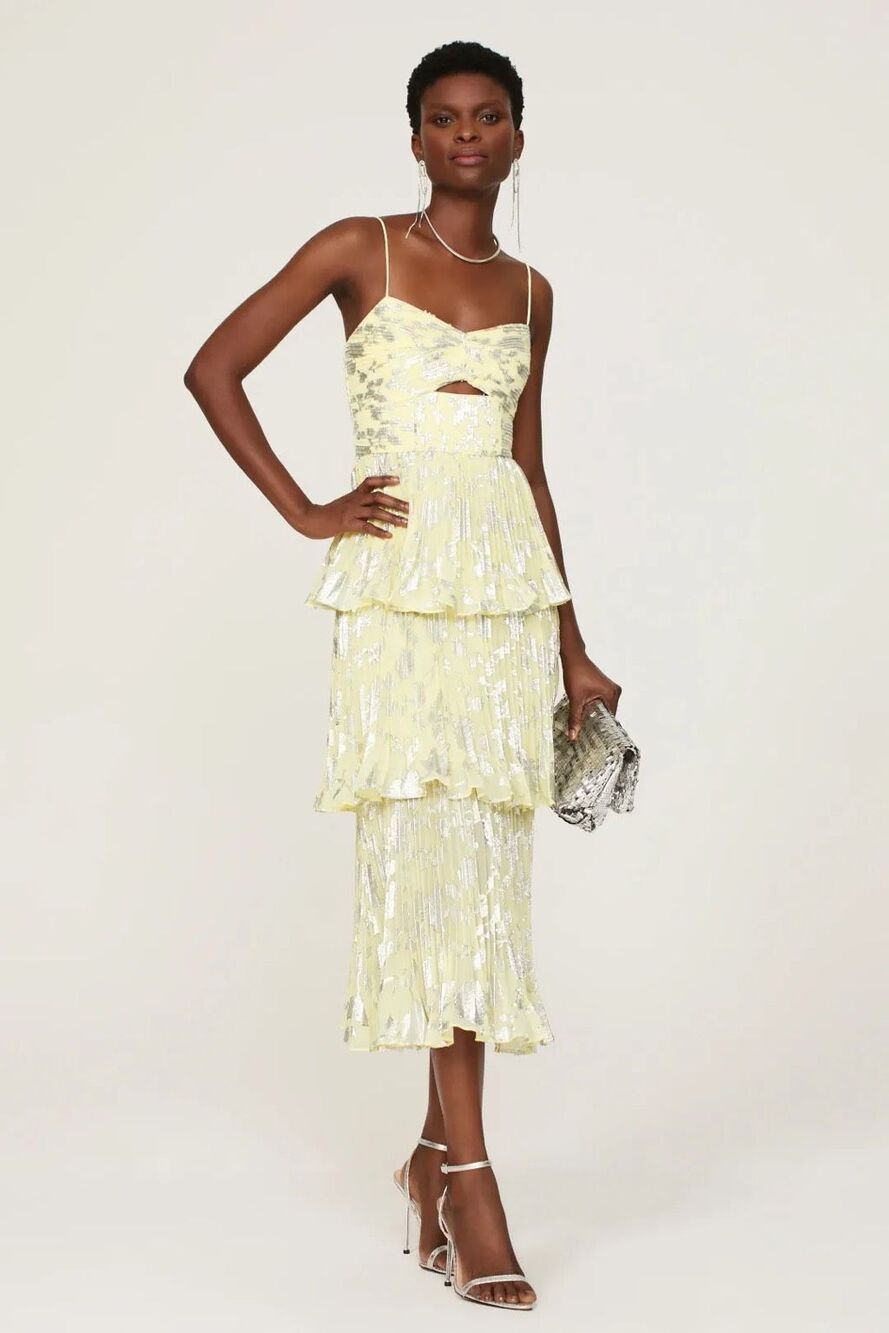 Self-Portrait Metallic Midi Tiered Cocktail Dress in Yellow Silver Floral Size 4